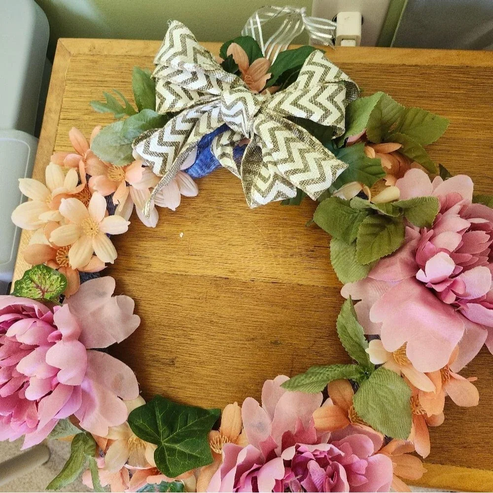 Hand Crafted Pink Peony Floral Wreath Summer Door Wall Decoration